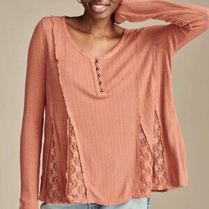 Lucky Brand Women's XL Terracotta Lace Henley Swing Top
